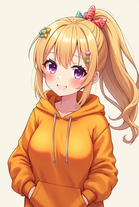 Blonde,ponytail,Large Breasts,smile,Purple Eyes,Character portrait,Anime Style,Candy Hair Ornaments,Orange hoodie