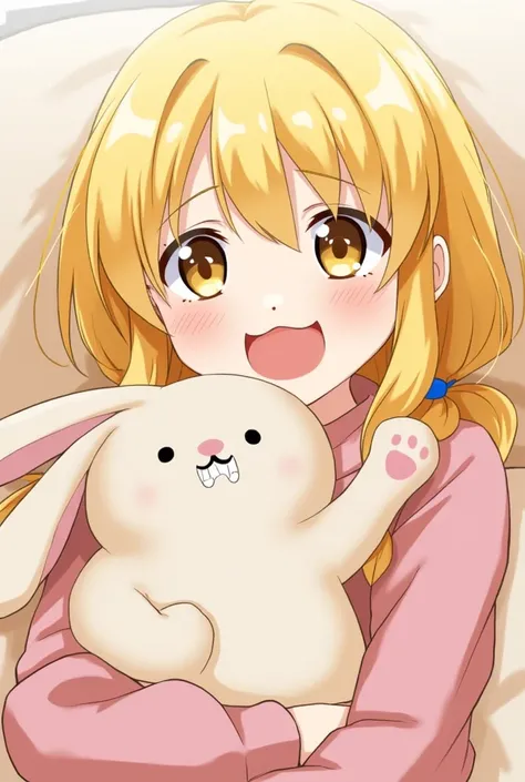 futaba anzu, idolmaster cinderella girls, , blonde hair, low twintails, long hair, brown eyes, yawning, wavy mouth, drooling, holding stuffed bunny, solo, cowboy shot,