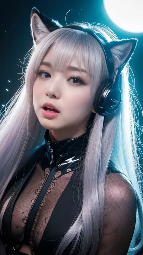 Ultra HD,masterpiece,Beautiful and realistic character expression. Her hair is long、It is a beautiful silver color., Beautiful as silk, Clear, Glowing dimly, Ominous Light, Fox-like ears, and bushy, Fluffy silver fox tail, Her white skin glows faintly in t...