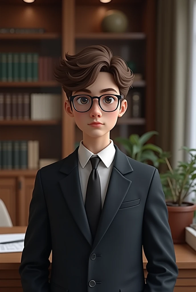 Create a young white-skinned lawyer,  short brown curly hair, with glasses