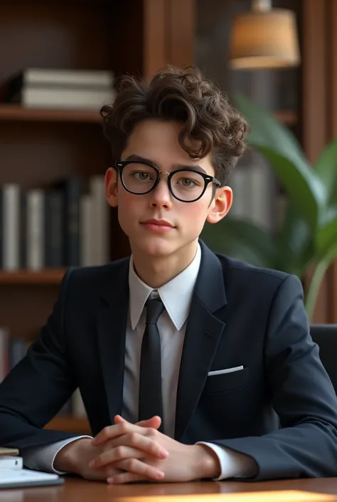 Create a young white-skinned lawyer,  short brown curly hair, with glasses