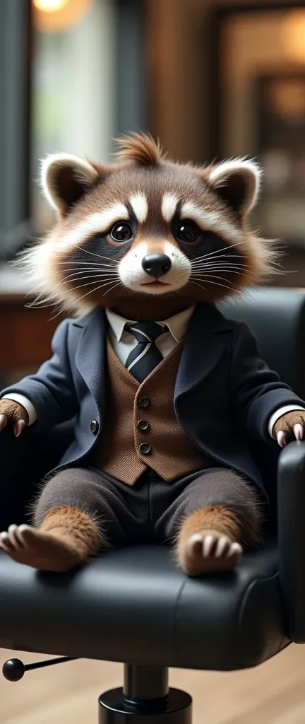 A photograph of an extra fluffy baby raccoon with a sleek pompadour hairstyle sitting in a barbers chair. The raccoon is wearing a stylish suit and a tie. The background is a modern barbershop with blurred mirrors and barber tools. The lighting is bright a...