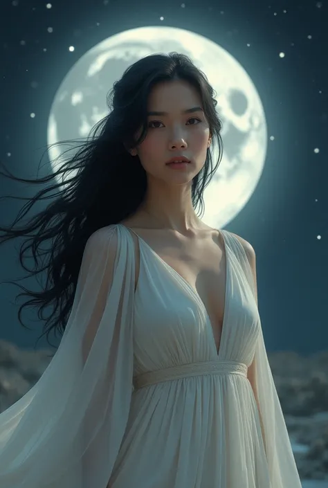 Goddess of moon, extreemly beautiful and feminine, looks like queen of greece,kind and wise,black hair,middle age, motherly aura,dress perfectly cover body
