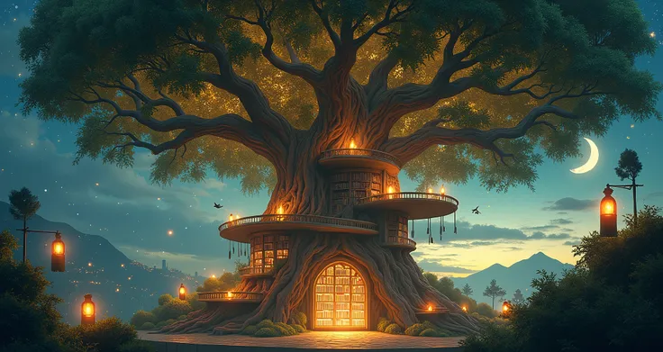 A modern yet fantastical banner for an online bookstore, centered around an enormous Sakuya tree, where bookcases are carved directly into its glowing, ancient wood. Both upper and lower floors are connected by suspended, vine-covered paths, lit by magical...