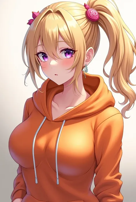 Blonde,ponytail,Candy Hair Ornaments,Large Breasts,Purple Eyes,Orange hoodie,Anime Style,Erotic