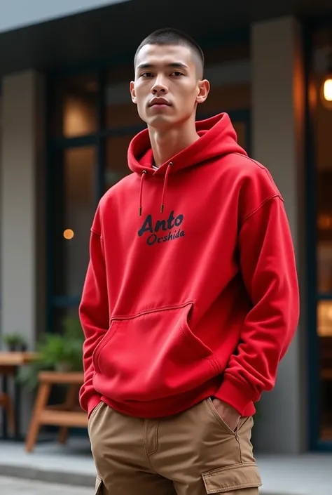 A handsome Indonesian man with very short hair, a thin figure, a red hoodie jacket ANTO ORSHIDA, brown cargo pants, sports shoes, is standing in front of a cool gay cafe.