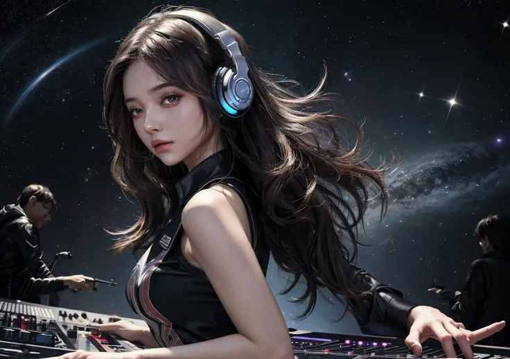 ((Best Quality)), ((masterpiece)), (detailed), Beautiful girl&#39;s face with windy hair and sci-fi headphones on a space background,bust, Female DJ, Colorful clothes , "different, Great look, Playful accessories, Creative Action, Imaginative, Functional, ...