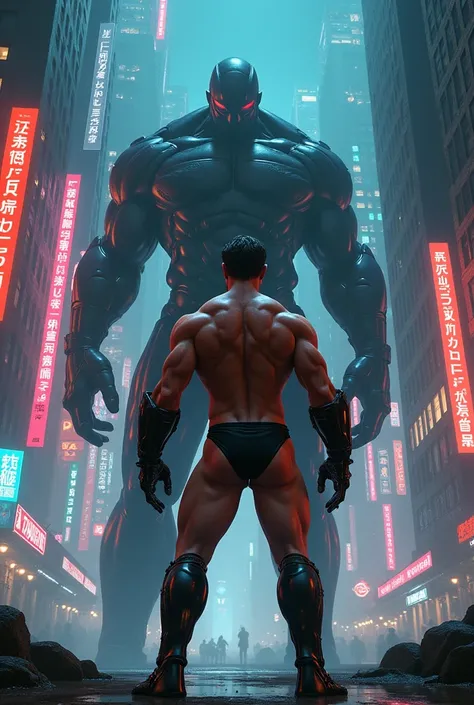 cyberpunk、Near future、Muscular、Chris、In the dark city、neon、Mechanization、Big Enemy、More Resident Evil Chris、More muscular、Facing forward、でかいButt、Man in bikini、Butt、Fighting、Bodybuilder