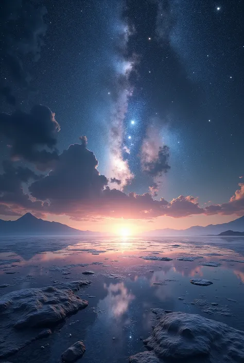 astronomy image from an planets surface looking at the sky . sky is beautiful of cosmos and its glittery surface with feet level water everywhere 