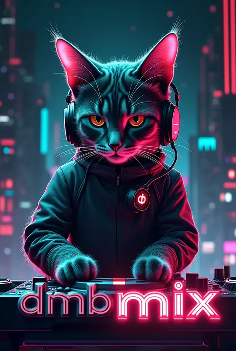 Gatinho featuring a headset, using a DJ controller, create a cinematic style image featuring the name "DMBMIX" featuringo a capa do seu canal do YouTube, presenting a futuristic, high-tech design inspired by cinematic innovation, featuring a Dominant color...