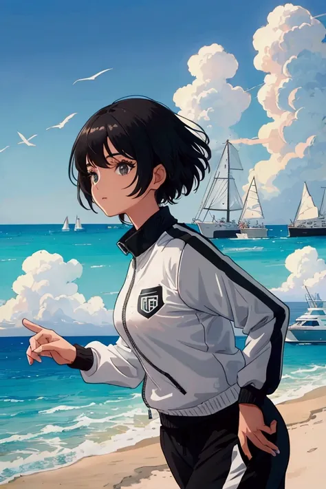 girl with short black hair in a tracksuit runs along the seashore, bright sunny day, yachts are visible in the distance