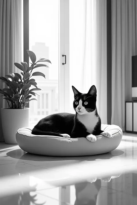 A black and white cat lying on a cat bed in a luxurious room of a stylish apartment 