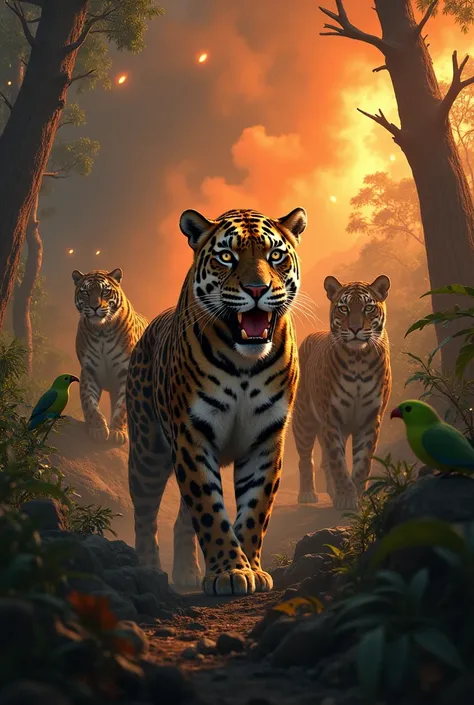 Make me a realistic image in a rewarding, exciting and impactful drawing way with animals in the fire next to the trees showing them trying to survive in the Amazon and environmental degradation.