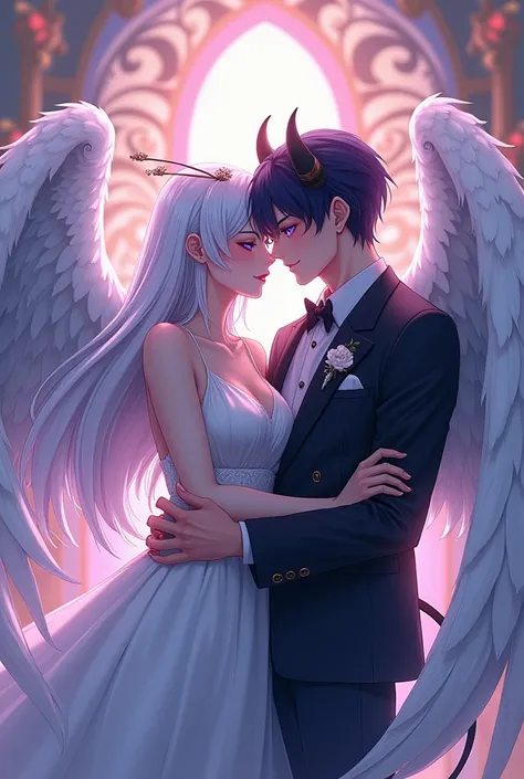 A couple of two married men, anime animated, the angel man with white hair and being an angel with violet eyes, and the other shorter in stature being black-haired and a demon: with horns and tail,  wingless. The devil and the angel are both men