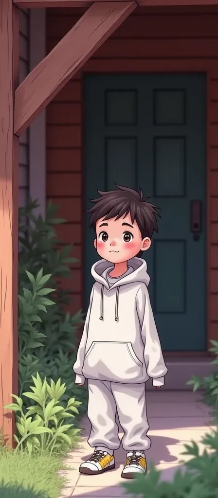 A boy wearing the same hoddie and pant make it more natural