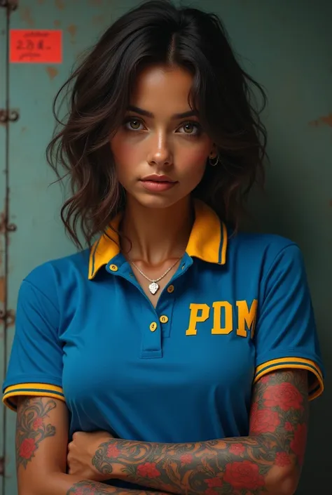 A brown woman with medium dark hair and brown eyes,appearance ,with a blue polo shirt with yellow collars written "PDM",with some red tattoos on the arms in a gothic style 