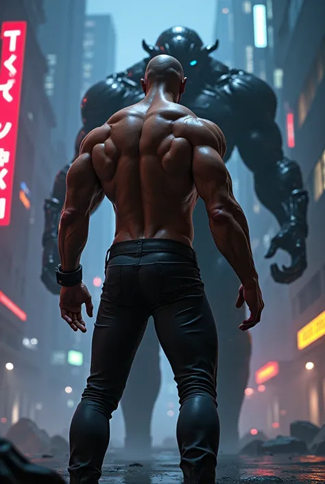 cyberpunk、Near future、Muscular、Chris、In the dark city、neon、Big Enemy、Chris from Resident Evil、More muscular、Facing forward、でかいButt、Man in bikini、Butt、Fighting、Bodybuilder、