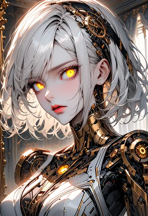 solo:1.4, female, clockwork automaton, steel, brass, refined, gold accents, tall female, slender, agile, human-like face, deep-set eyes, glowing eyes, golden eyes, lips, silver hair, simple headband, robot, steel and brass body, exhibition, luxurious, mans...