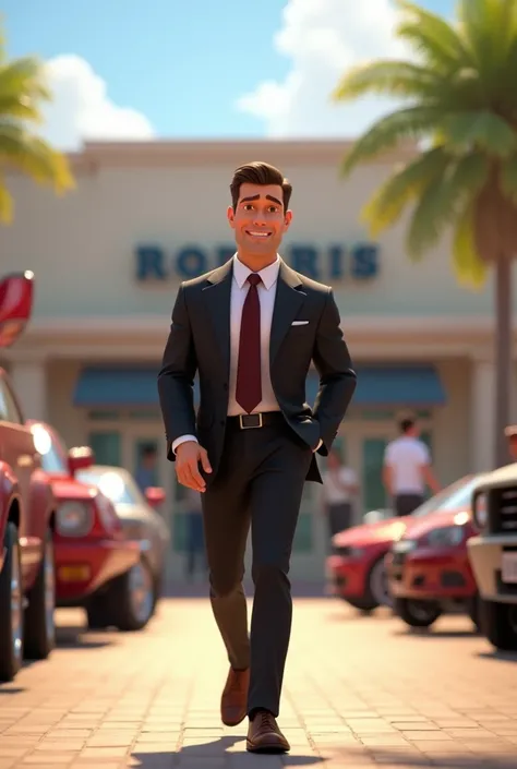 create a disney pixar style animation in 3d, of a man in a suit walking in front of a dealership 