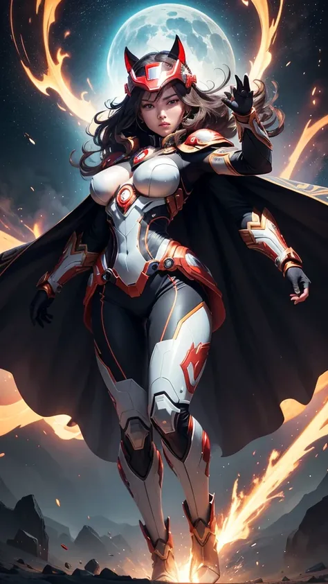 A full-body photograph of a stunning Korean woman with a powerful and athletic physique, wearing an intricately designed, futuristic battle suit. The armor is crafted in sleek black, white, gold, and fierce accents of red, combining the agility of Ironman ...