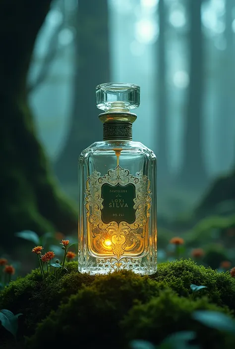 a perfume bottle in a mystical forest of Loris Silva, detailed realistic photo, beautiful detailed cocktail dress, stunning lighting, ultra-detailed, 8k, highres, masterpiece, photorealistic, vivid colors, cinematic lighting, volumetric fog, dramatic shado...