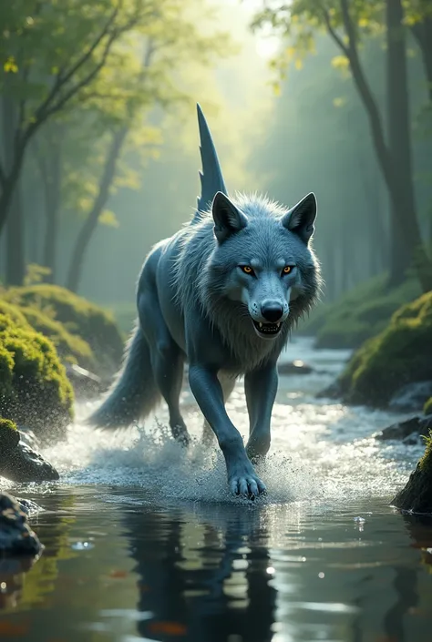 A stunning hybrid creature with the sleek, muscular body of a wolf and the fins and tail of a shark. Its head is a blend of both animals, with piercing eyes and sharp teeth. The creature roams peacefully near a clear stream, its fins gently gliding through...