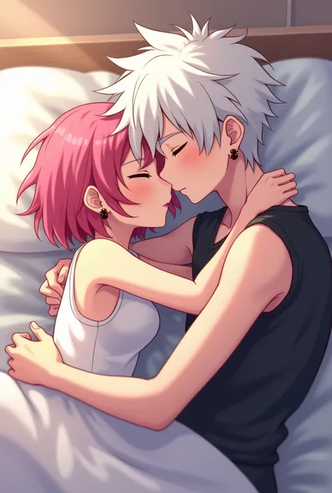 A girl with short pink hair and a 1 boy with white hair and black earrings cuddling together on a bed 2d anime 