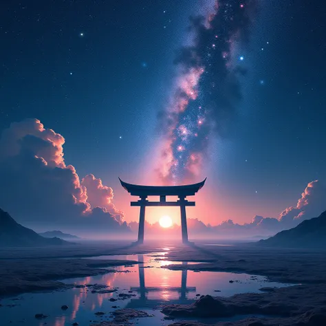 astronomy image from an planets surface looking at the sky . sky is beautiful of cosmos and its glittery surface with feet level water everywhere. sun is setting down sunset view. all plan surface everywhere, and a  shaolin gate in front of view but focus ...