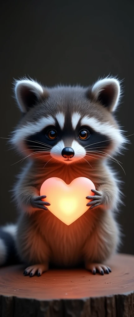 A captivating photograph of a cute extra fluffy baby realistic raccoon, with a heart-shaped glowing object in front of it. The raccoon is positioned centrally, with the heart hovering above a circular platform. The background is dark, emphasizing the racco...