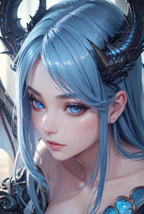 beautiful detailed eyes, beautiful detailed lips, extremely detailed eyes and face, long eyelashes, 1girl, fantasy, dragonkin humanoid, horns, scales, dragon features, detailed dragon wings, pristine detailed scales, ethereal, elegant, graceful, enchanting...