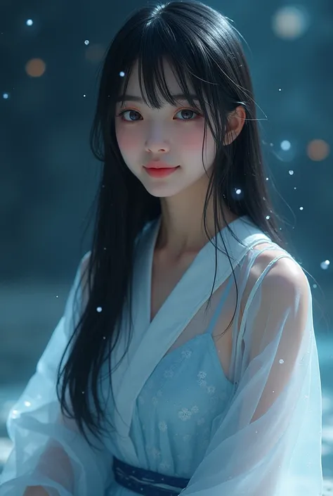 フォトReal、photograph、、Japanese high school girl、(Best Quality、8k、Highest quality)、(Yoga poses:1.1)、(whole body:1.4,Robe made of water:1.4)、(See-through robe:1.3)、(Black glossy long hair:1.1)、(Face close-up:1.1)、最高のsmile、The background is outer space。、milky w...