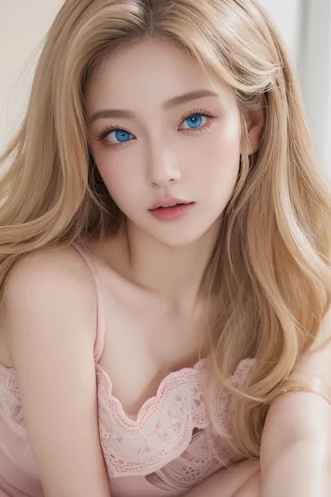 ((Highest quality、8ก、Masterpiece:1.3))、A very beautiful woman in a tiny pink tight dress.,transparent fabric,Clearly see the body 40 km. compete、photo、Masterpiece、Highest quality、、((A girl with beautiful blue eyes and bright, curly blonde hair.、She has a b...