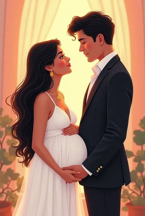 A pic of a fair indian pregnant girl wearing a white dress with her husband who wears black and white coat suits looking each other as ai animation human 