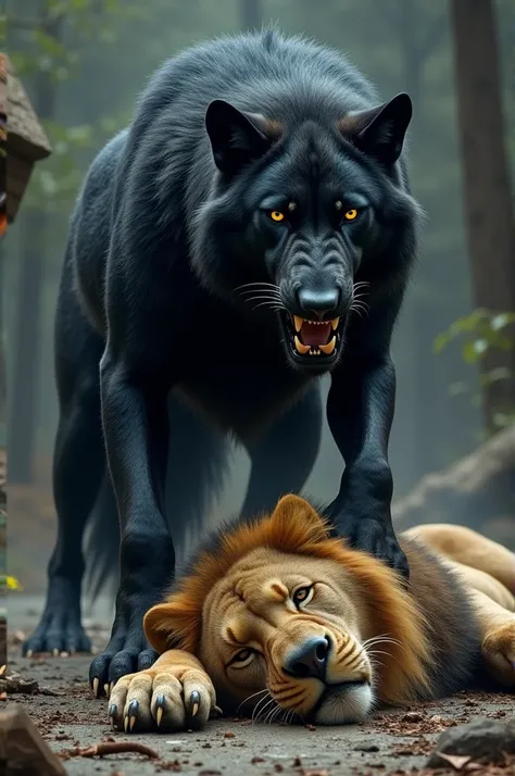 Black 
wolf defeats a lion then lays hands on his body and looks very dangerous.

