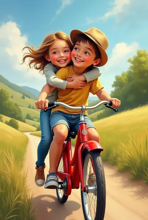 Simple easy painting describing a red bike with girl hugging boy from back