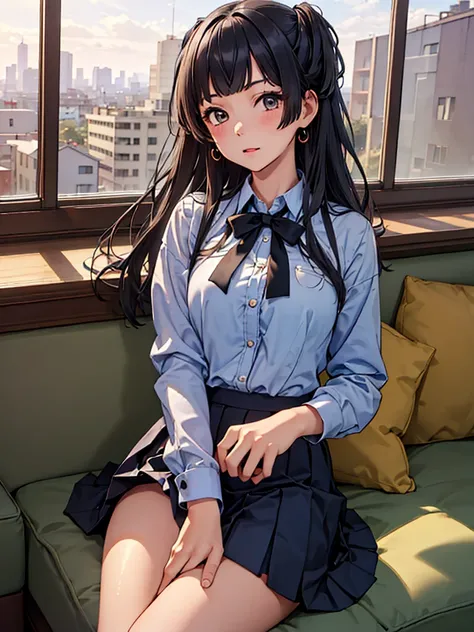 (solo)、(Masterpiece、Best Quality、High image quality:1.4)、Blue patterned panties、Student Uniform、Lift up your skirt、Student Uniform、、、Black Hair　Leg spread　　town　null　building
