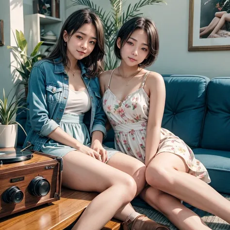 Best Quality, Super detailed, (Ultra-high resolution,8k), Ultra-high definition 4K, Two teenage Asian girls resting in a cozy cafe on a sunny afternoon. One is sitting in a floral sundress, looking at her phone with a content expression. The other is lying...