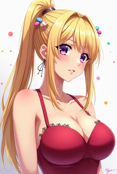 Blonde, ponytail,Large Breasts, shame,Purple eyes, Character portrait, Anime Style, Candy Hair Ornaments,sexy,Erotic