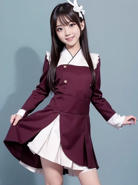 (masterpiece, best quality:1.2), photo of over the knees, a Japanese pretty girl, solo, hinataCostume, smile, flat chest:1.2, small breast:1.2, standing pose, horizontal angle, 