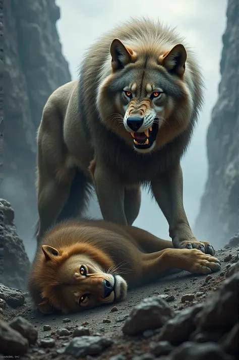 The wolf defeats a lion then lays hands on his body and looks very dangerous. And his roar very dangerously