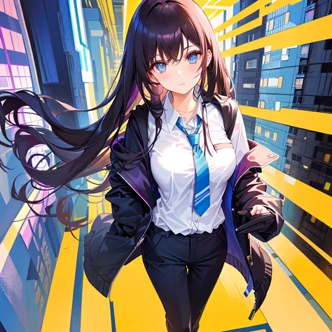 (whole body:1) of a young girl, business casual, Hacker&#39;s server room, Detailed face, ((Cool expression)), (Short straight hair with thin bangs:1.2), Super detailed photos, (Realistic), (intricate details:1),(masterpiece :1), (The best:1), Ultra-high r...