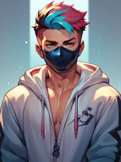 human male ,cool full mask , colored hair , hoodie