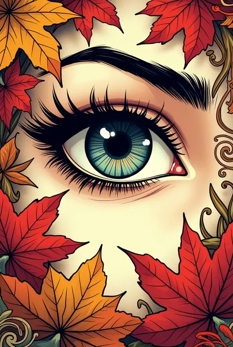 Old school marvel eye drawing with leaves around and ornamental 