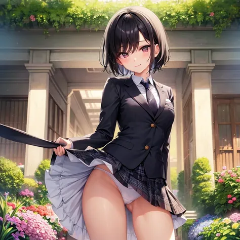 (Best Quality),(masterpiece),One high school girl、Iris、Short black hair、smile、Small breasts、blazer、Normal necktie、Checkered mini skirt、Beautiful thighs、White Panties Drop、Standing、Garden Background、Beautiful Eyes、Perfect Anatomy、Perfect hands、Perfect legs、...