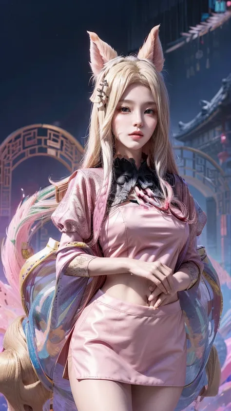 a girl, pink chinese clothing, whole body, sunlight, clear face, lunar new years decorations background, masterpiece, super deta...