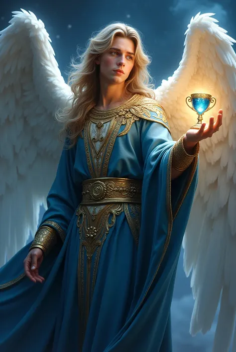 Arcangel male with cup full on Safire in right hand, blue and golden full robes, young, long hair