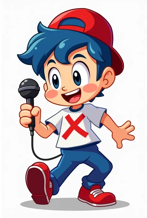 Cartoon character, short, blue hair, red cap, white shirt with red crossed out circle, blue pants, red shoes, holding microphone