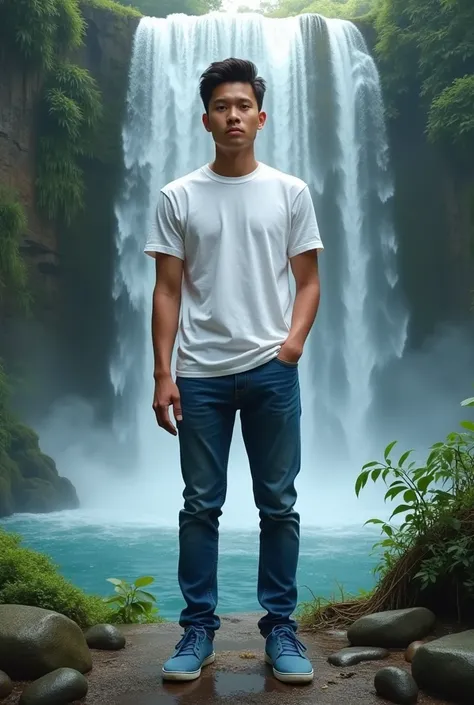 A 20 year old man with a handsome Indonesian face, wearing a white t-shirt, blue long jeans, blue shoes, full body.waterfall background