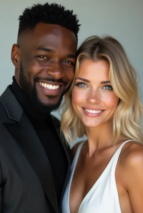 Black man with short hair smiling handsome stylish next to a smiling blonde woman, blue eyes very light hair, very light hair Profile picture