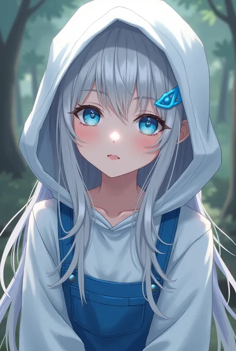 One girl, Long Hair, Gray Hair, White skin, Light blue hair accessory, Blue suspenders, [White and blue hoodie, Bright Blue Eyes, フード被る, スウェットパーカー, 